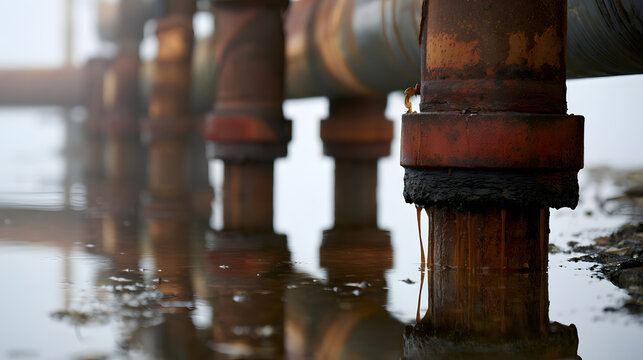 Old, rusty oil pipes with misaligned joints in an industrial storage area, displaying rusted tones and reflections in still water against a misty backdrop.