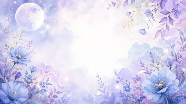 Dreamy watercolor floral background with a glowing full moon and soft purple and blue flowers