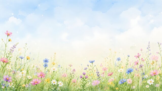 Watercolor illustration of a beautiful meadow with colorful wildflowers and a soft blue sky background