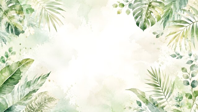 Watercolor tropical leaves frame, botanical border with exotic palm monstera foliage, handpainted greenery background