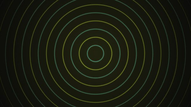 Neon glowing concentric circles animation with pulsating yellow and cyan light wave patterns