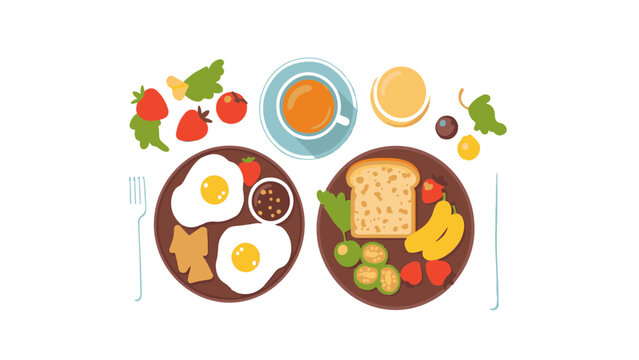 Two colorful plates of breakfast food featuring eggs, fruits, and vegetables arranged on a wooden table.