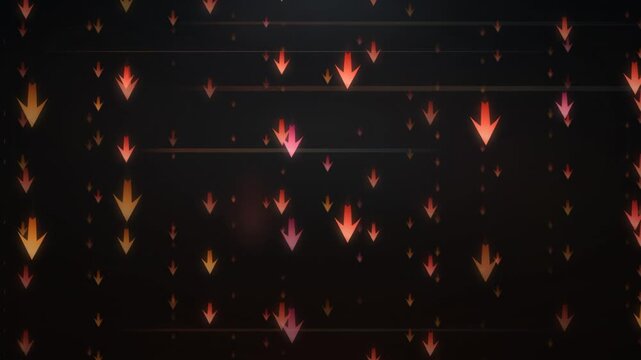 Red downward arrows falling in seamless loop motion background for market decline concept