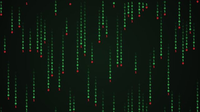 Digital binary code rain with falling green and red numbers representing data stream technology