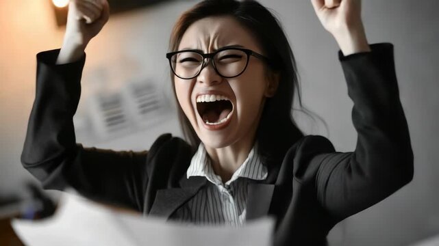 Young woman in glasses shouting at papers with raised fists.