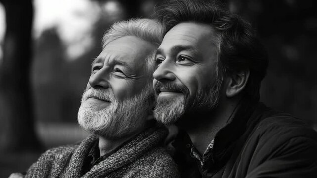 Two men with beards and mustaches smiling closely together in black and white .