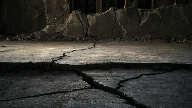 A cracked concrete floor with pronounced fissures and a fragmented cement wall, illuminated only by a dim interior, reveals signs of earthquake damage and structural instability.