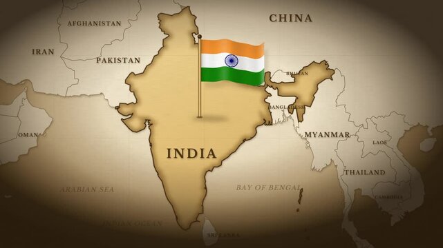 Waving Indian flag on a pole over a vintage sepia map of India with neighboring country labels