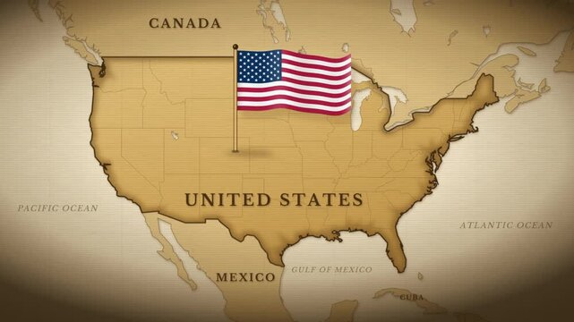 Waving American flag on a pole over a vintage sepia map of the United States with country labels
