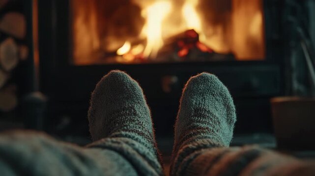 Close-up of person's feet with warm socks by fireplace, cozy atmosphere