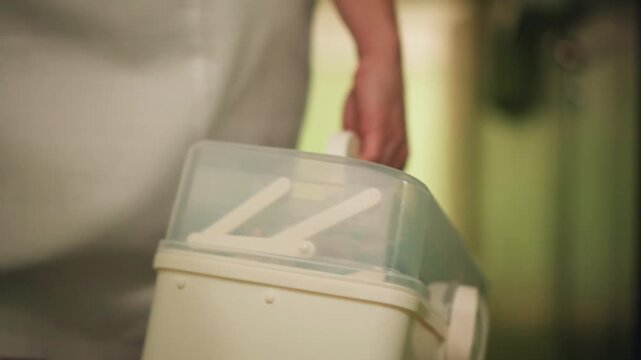 Lab technician holding specimen cooler closeup on lid and handle, clear plastic cover and sealed latch visible, insulated body with temperature label, meticulous transfer toward testing facility