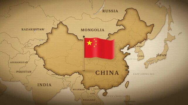 Waving Chinese flag on a pole over a vintage sepia map of China with neighboring country labels