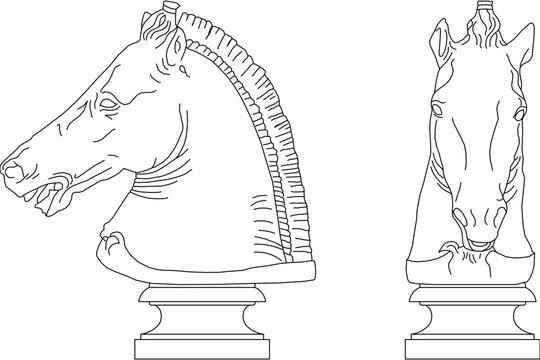 Classical vector line art featuring a horse head sculpture or chess piece on a pedestal base, shown from side profile and front views.