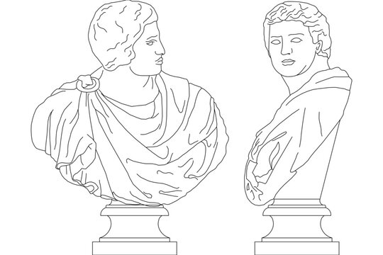 Classical vector line art featuring a male bust statue draped in fabric with a shoulder clasp, shown from front-facing and side profile angles on pedestal bases.