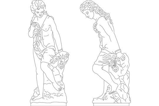 Classical vector line art featuring a full-body statue or sculpture of a figure draped in fabric standing near a rocky base with chained rings, shown from front and side views.