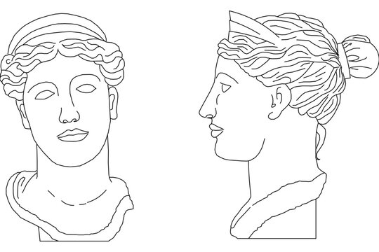 Classical vector line art featuring a female head or bust statue with a headband and hair tied in a bun, shown from front and side profile views.