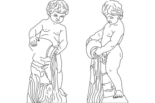 Pair of classical putti or cherub figures holding water vessels, designed as fountain or garden statues. Black and white outline illustration showing flowing water details and ornamental pedestal base