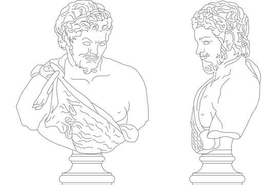 Classical vector line art featuring a male bearded bust statue draped in fabric, shown from front and side profile views on pedestal bases.