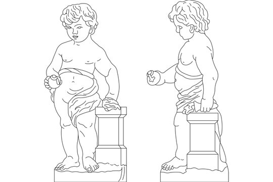Classical vector line art featuring a cherub or putto statue holding an object, draped fabric, standing next to a small pillar, shown from front and side views.