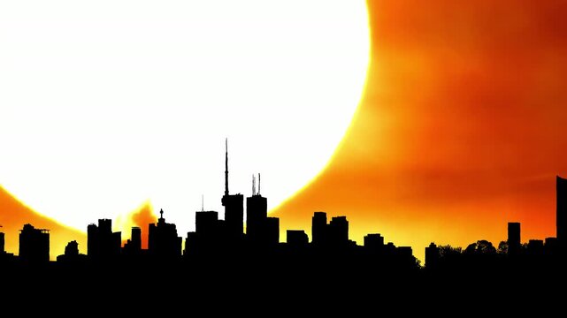Cinematic sun set at red yellow and orange city sky silhouette timelapse. Artistic effects collage of hot summer atmosphere and heat wave mist. Yellow sun setting at epic golden hour time lapse.