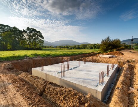concrete foundation laying amidst rural construction site in countryside