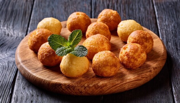 delicious homemade cheese balls with fresh mint garnish on wooden plate