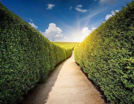 narrow pathway in lush green hedge maze under bright sky