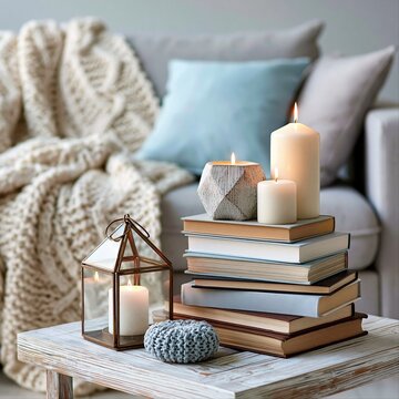 Decorative arrangement of candles, books, and a lantern in a living room setting