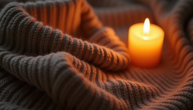 Cozy candlelight on soft blanket creating warm atmosphere in peaceful setting. Flickering candle sits elegantly beside textured fabric, inviting relaxation and comfort.