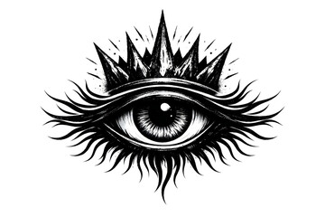 Obraz premium Gothic eye tattoo illustration with crown, mystical all seeing eye drawing, dark occult eyeball art on white background