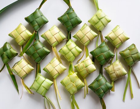 ketupat rice cakes arranged in a decorative pattern on a white surface