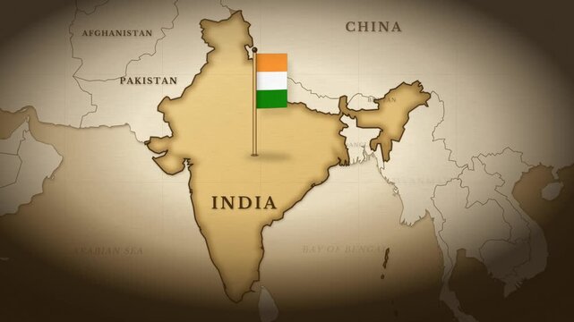 Vintage sepia map of India with a rising Indian flag on a pole and neighboring country labels