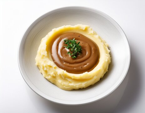 creamy mashed potatoes topped with savory brown gravy in a white bowl white background