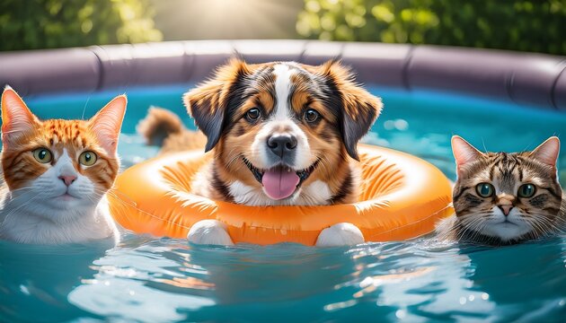 a joyful dog swims in a pool surrounded by playful cats on floaties capturing a fun summer vibe