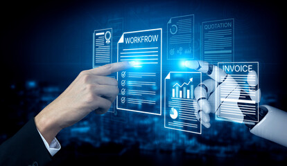 Fototapeta premium Futuristic Interaction Between Human Hand and Robotic Hand over Digital Documents in Business Process Workflow Concept. Bitwise.