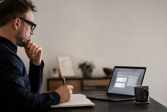 Professional reviewing AI-generated suggestions on a laptop while making a final decision with handwritten notes, highlighting human oversight, critical thinking and AI-assisted business decisions.
