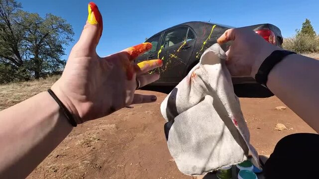 First person view painting dark car outdoors in dusty desert with bright splatter and cloth wipe now