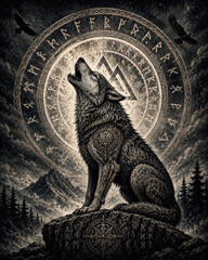 Naklejka premium Norse Wolf with Viking Runes and Valknut Symbol Mystical Scandinavian Illustration