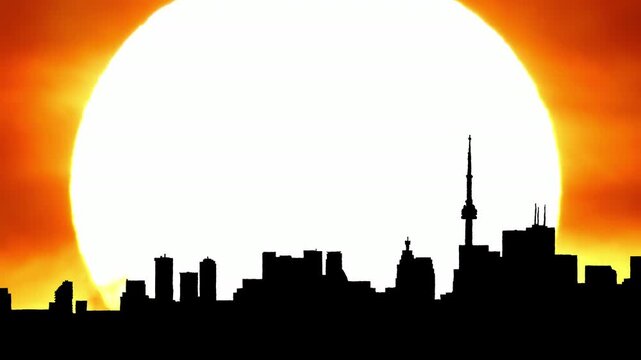 City skyline silhouette with hot cinematic sun set, downtown cityscape with large sun disk sunset light. Artistic effects shimmering air mist. Epic hot summer sky after rain. Heat wave alert warning.