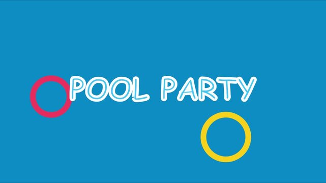 Pool party animated text title with colorful circles on blue animation 4k background, for summer event, promotion and social, media marketing