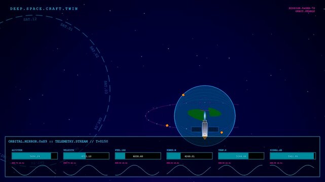 Satellite digital twins floating in dark space showing orbital mechanics telemetry and engine propulsion sequences within a virtual interface representing deep space craft exploration monitor systems