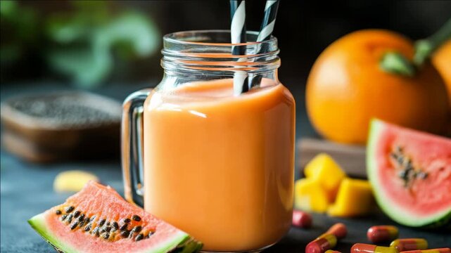 Delicious and healthy smoothie made with fresh fruit ingredients including watermelon. Perfect for a vibrant summer drink.