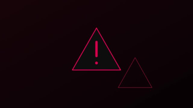 Pulsing red warning triangle animation on dark 4k background, for digital security, and system alert notification