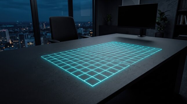 Futuristic Office Desk with Glowing Blue Digital Grid Hologram at Night