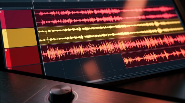Digital Audio Workstation Screen Displaying Sound Waveforms and Studio Mixing Controller