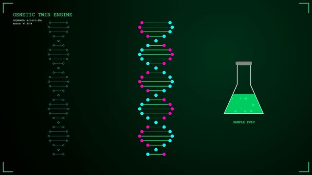 Digital twins are visualized through animated genetic spiral structures within a dark laboratory interface reflecting scientific data processes in a clean modern green aesthetic digital environment