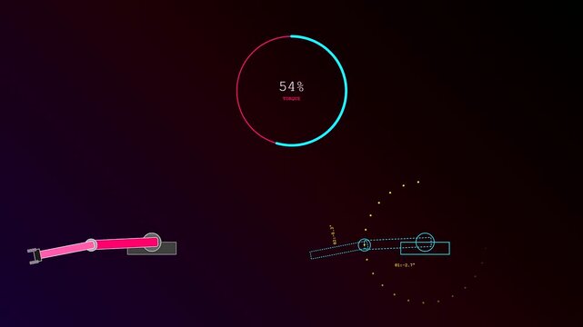 Industrial robotic simulation showing digital twins as mechanical arms move in synchronization with circular data readouts displayed on a dark glowing interface in this animated sequence