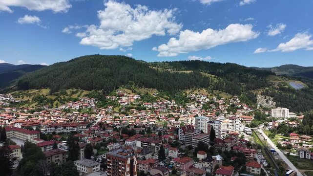 Panoramic aerial drone view of Chepelare mountain town in Rhodope mountains