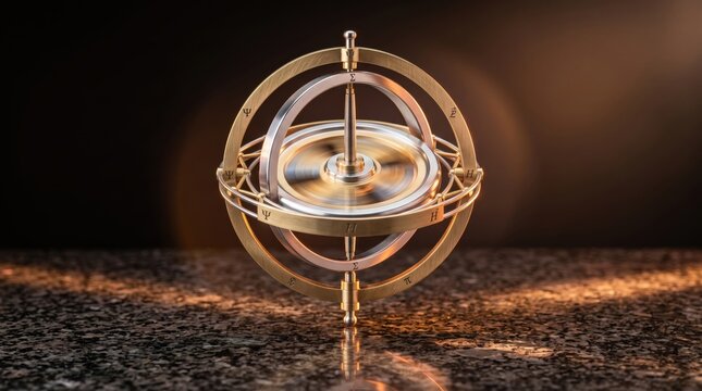 Golden Brass Gyroscope Spinning on Dark Stone Surface, Cinematic Lighting