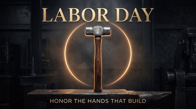 Labor Day industrial poster with sledgehammer. Metalwork workshop background with glowing circle. Honor the hands that build.